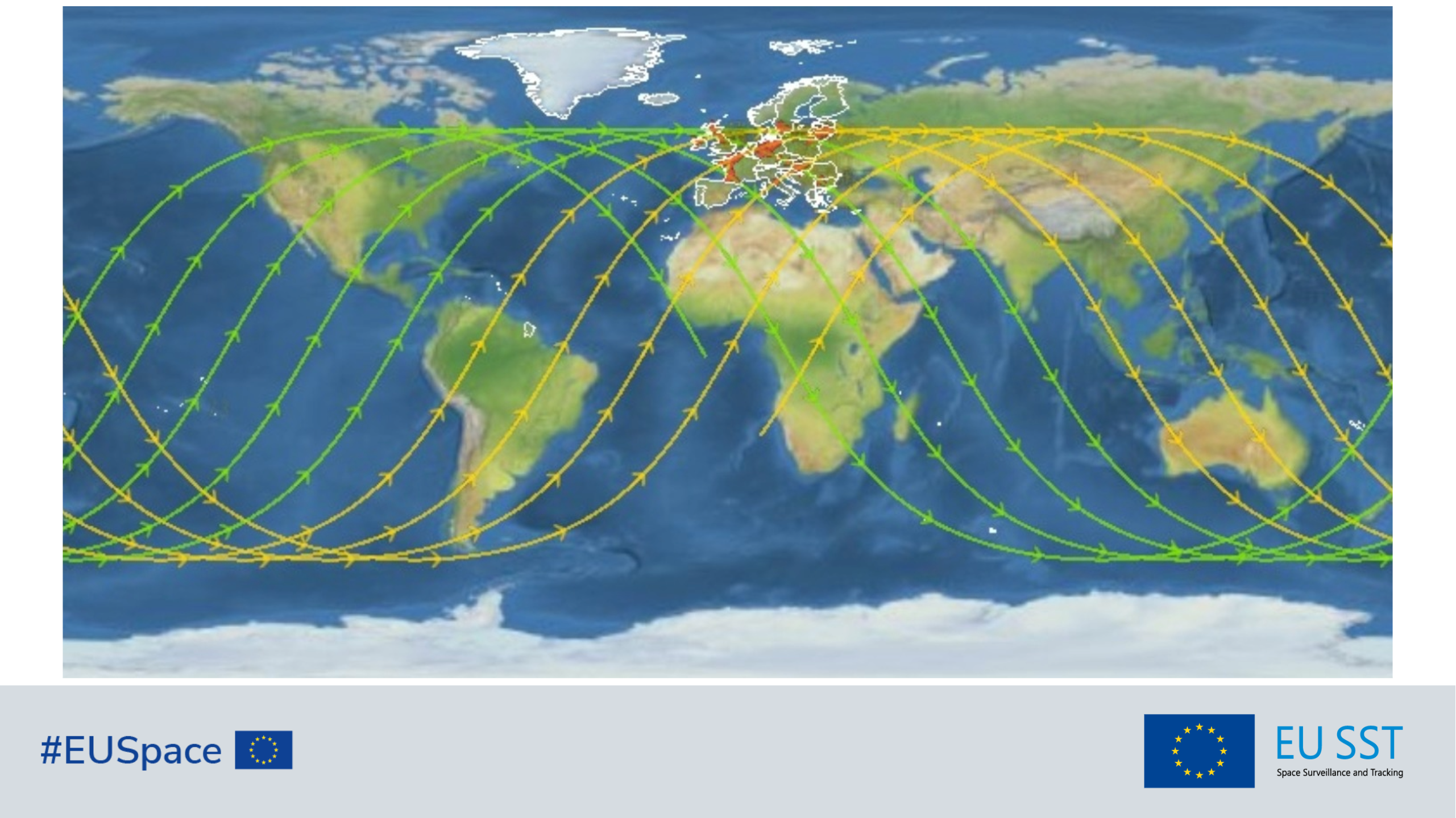 Map of the whole ground track. Yellow lines: ground track before the centre of the re-entry window. Green lines: ground track after the centre of the re-entry window. Red: overflights inside European countries and overseas territories. Note: the possible re-entry locations lie anywhere along the yellow and green lines. The re-entry point is considered to be at an altitude of 80 km.